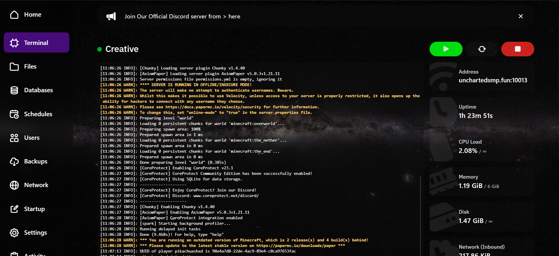 Live server console with TPS, CPU and memory stats